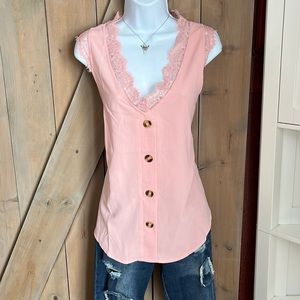 Light Pink Sleeveless Top With Lace Trim